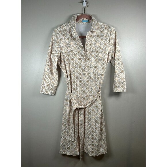 J. McLaughlin Dresses & Skirts - J. McLaughlin Gilchrist Belted Shirt Dress Size M Tan White Geometric Catalina